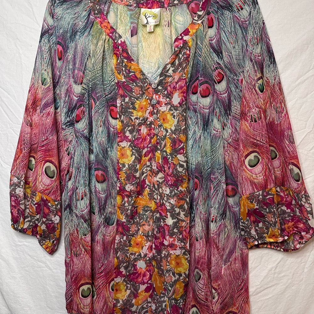Fig & Flower Boho Peacock Print Blouse Size L Flowy Sheer Top